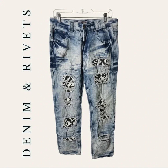 0801. Men’s DENIM & RIVETS DENIM JEANS PATCHWORK DISTRESSING SIZE 30 - Picture 1 of 8